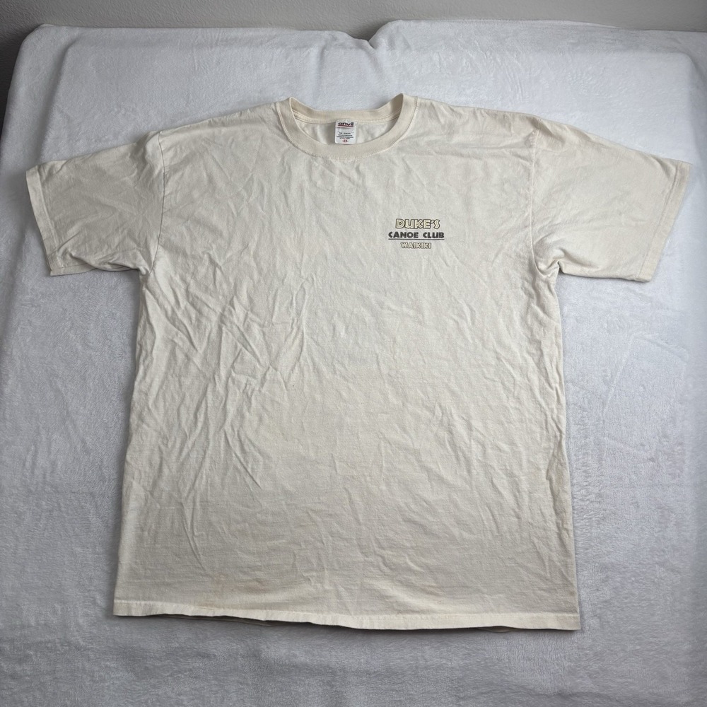 Y2K Anvil Dukes Canoe Clube Waikiki Beige SS Graphic Shirt Distressed Men's 2XL - Picture 2 of 8